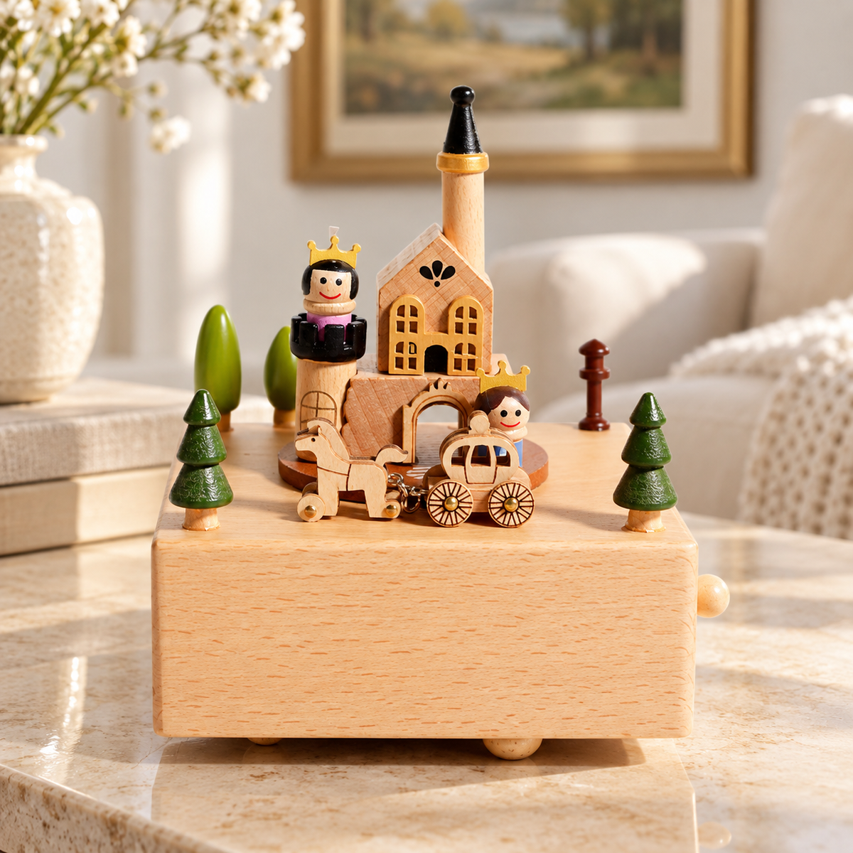 Wooden Music Box with Miniature Scenes