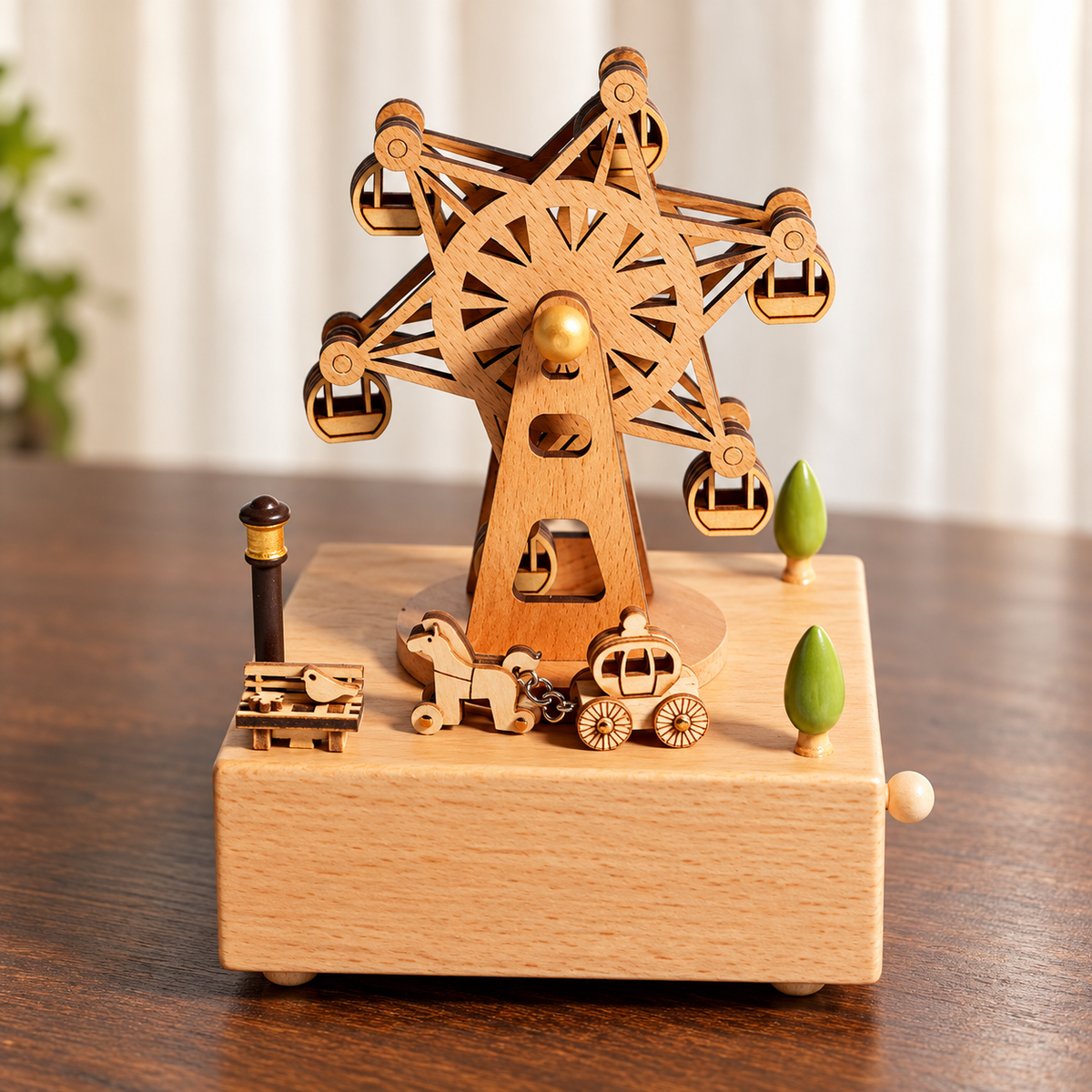 Wooden Music Box with Miniature Scenes