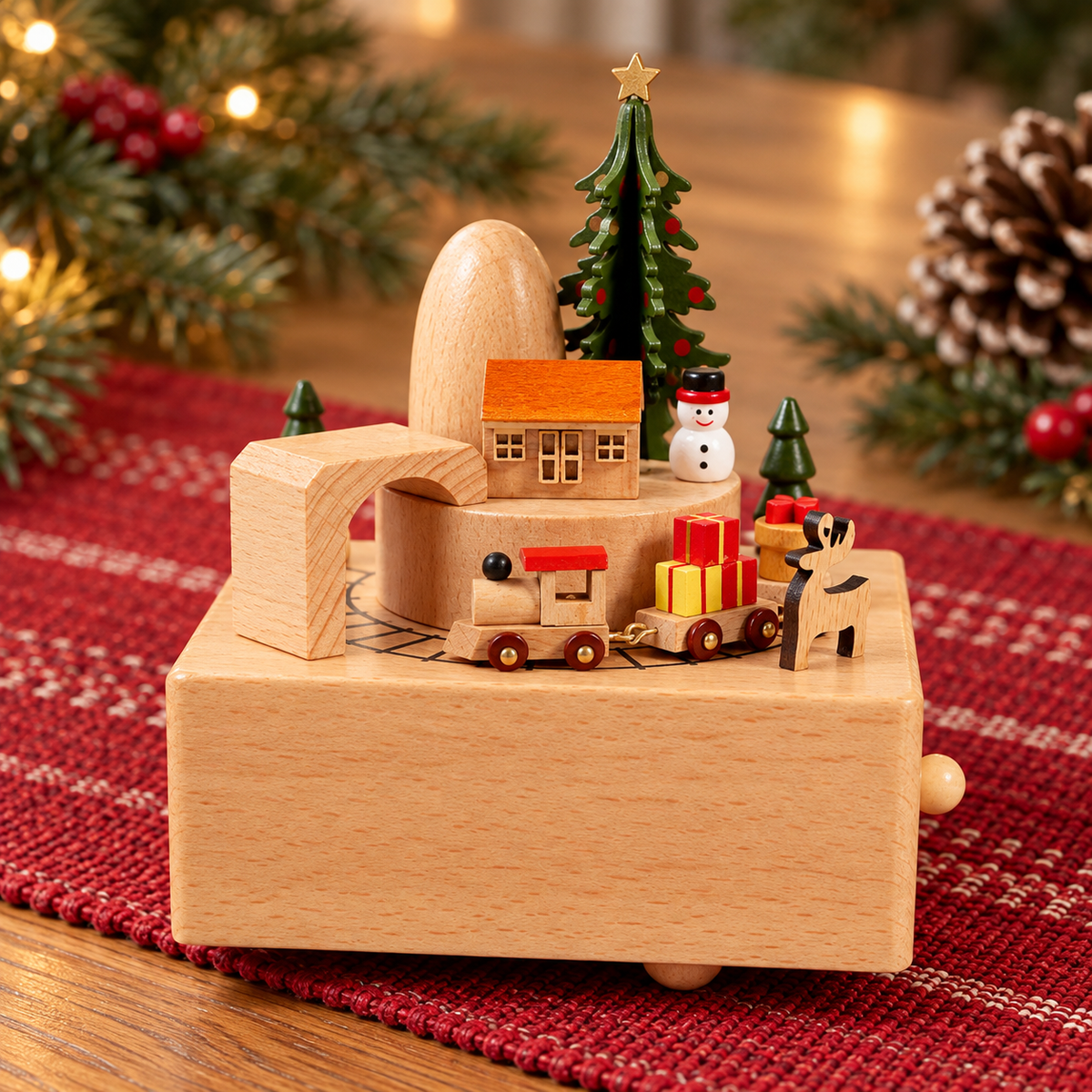 Wooden Music Box with Miniature Scenes