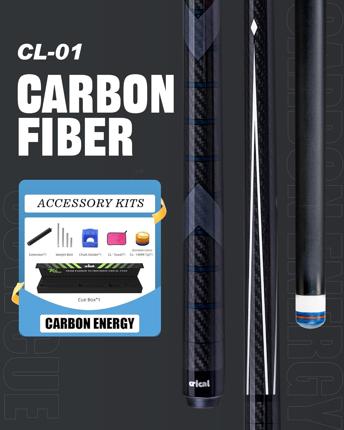 【CL-01】58" Carbon Fiber Pool Cue 12.5mm Tip