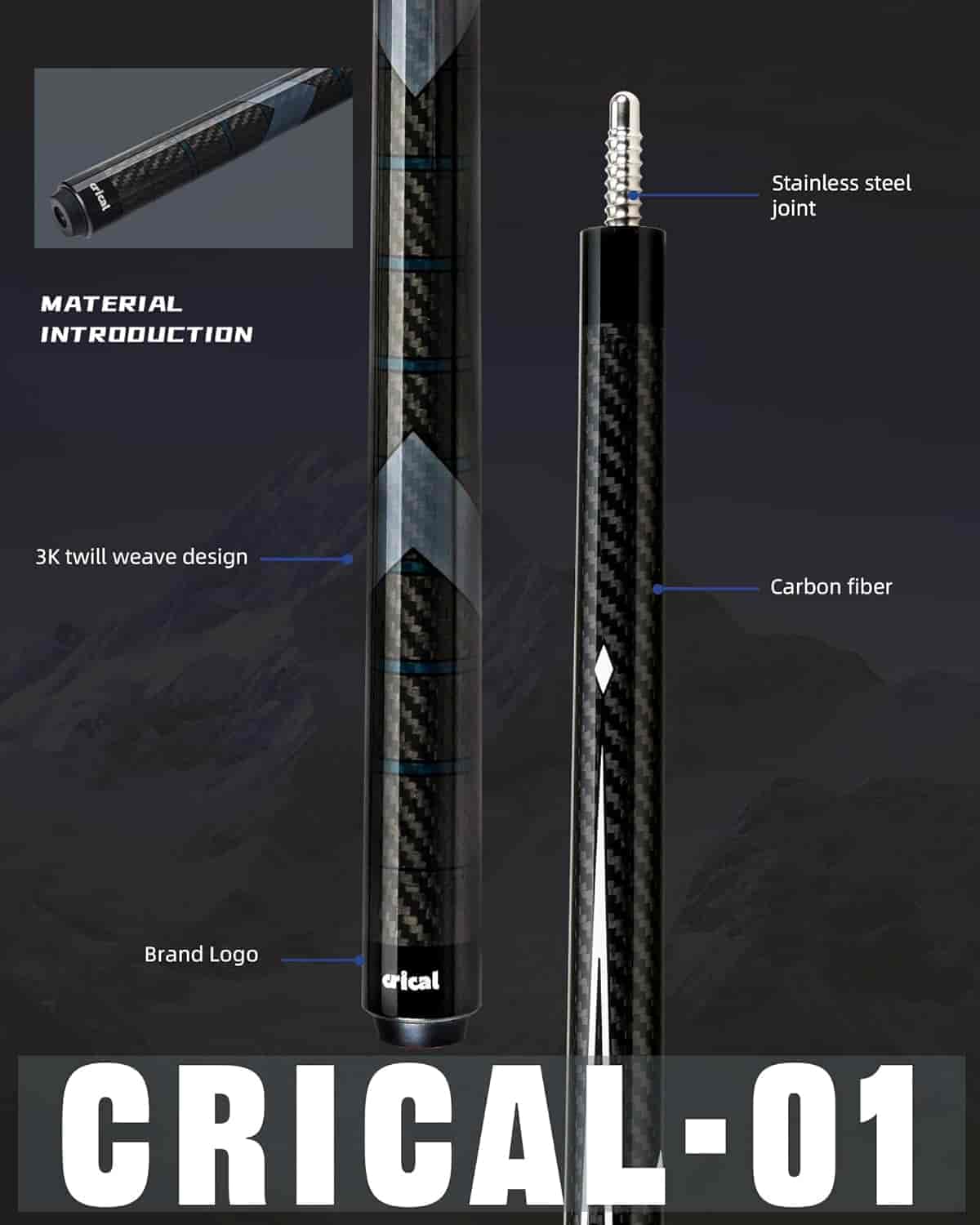 【CL-01】58" Carbon Fiber Pool Cue 12.5mm Tip
